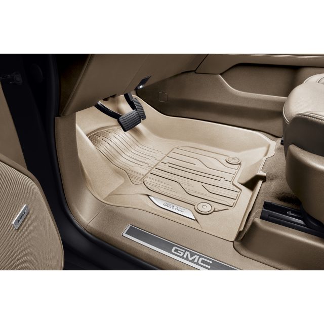 GMC 2024 Yukon First-Row Premium All-Weather Floor Liners in Teak with Chrome GMC Logo 84776603