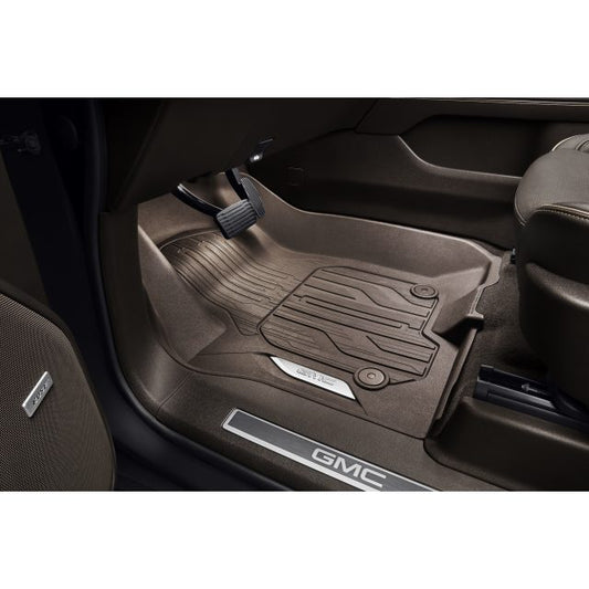 GMC 2024 Yukon First-Row Premium All-Weather Floor Liners in Very Dark Atmosphere with Chrome GMC Logo 84776602