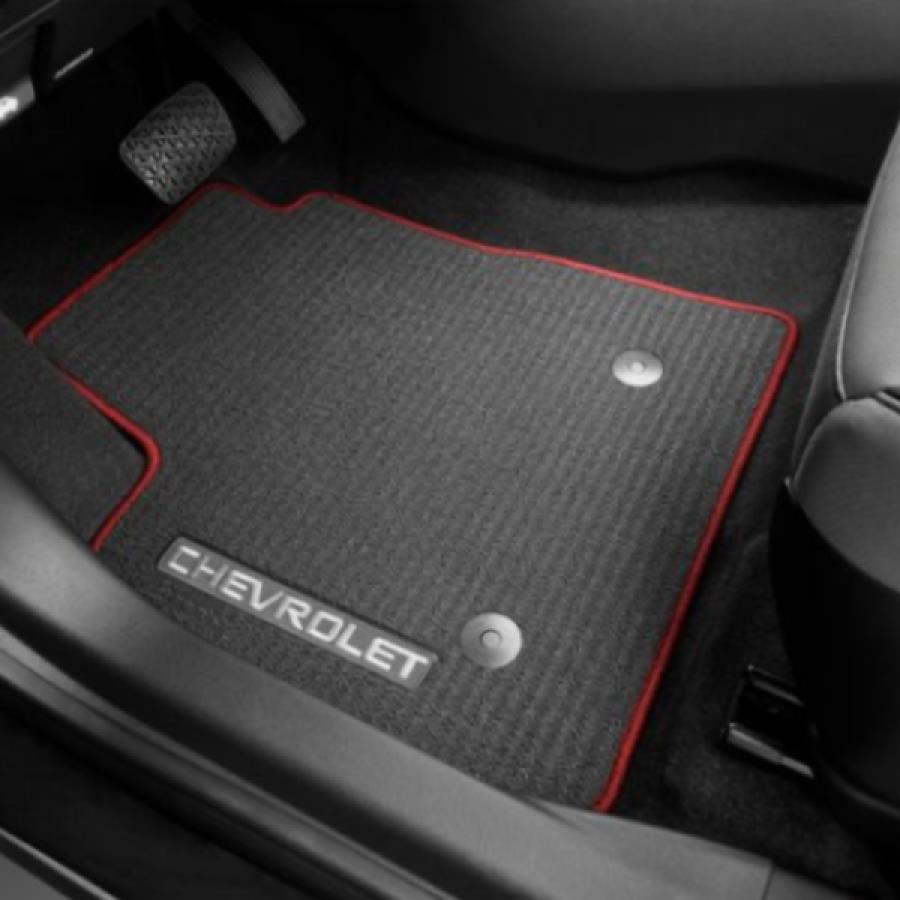Chevrolet Front & Rear Premium Carpet, FWD, Chevrolet Logo, Jet Black with Racer Red Binding 42737461