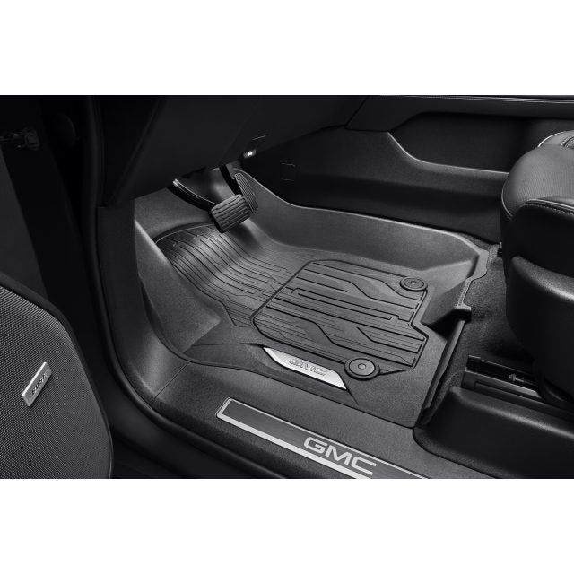 GMC 2024 Yukon First-Row Premium All-Weather Floor Liners in Jet Black with Chrome GMC Logo 84776601